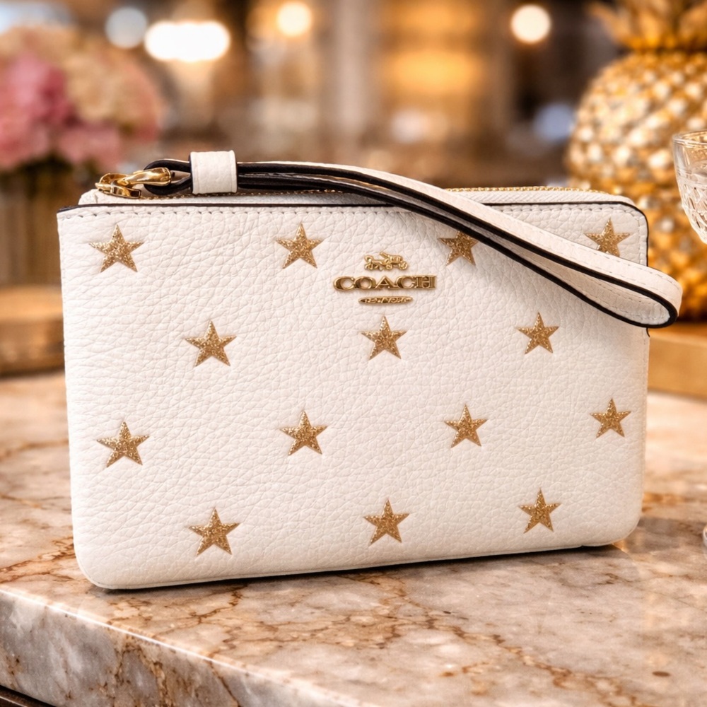 Coach White Wristlet with Gold Stars NWT